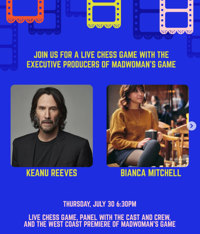 Keanu Reeves and Bianca Mitchell at the Chicano Hollywood Film Festival premiere of Madwoman's Game, July 30 2026