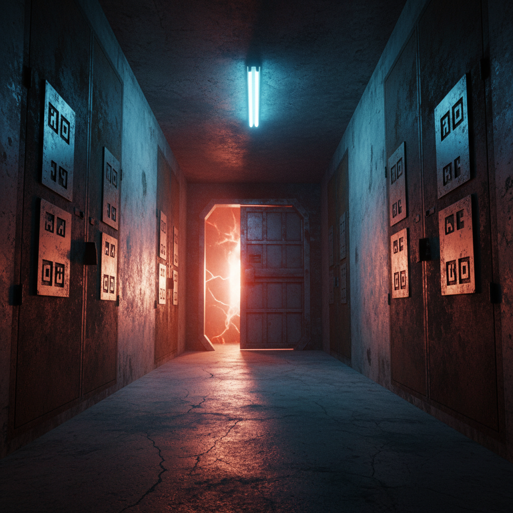 A narrow, eerie corridor titled “Room 64” only through visual suggestion: repeating numbered door plaques shown as minimalist metallic symbols, no readable digits or words. At the end of the hallway stands a slightly ajar, heavy steel door glowing with a searing red and white light that spills onto the worn concrete floor in sharp, angular beams. Overhead, a single flickering fluorescent fixture adds cold blue highlights, contrasting with the warm glow from the room. The camera is placed low and centered, amplifying depth and tension, as if the viewer is being pulled toward the light. The cinematic realism, high contrast, and gritty textures create a bold, suspenseful mood that ties directly into the film’s iconic setting.