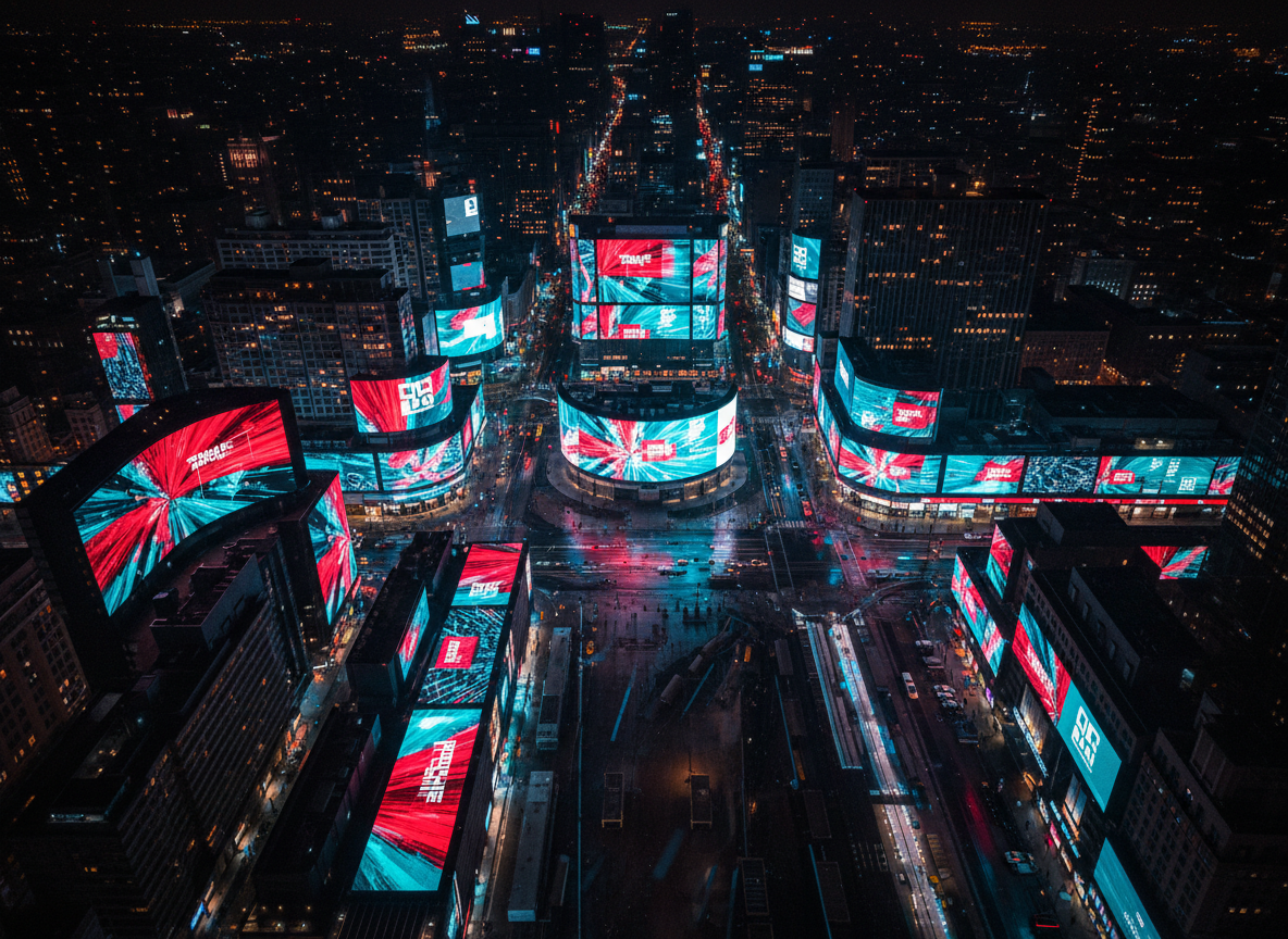 A dramatic city-at-night scene seen from above, where illuminated building facades and digital billboards form a complex maze of glowing rectangles, each screen showing abstract stills and motion blur streaks suggesting simultaneous screenings of the same documentary. No people or legible text, just bold color fields and graphic patterns. Streetlights and neon signs cast reflections on wet pavement, amplifying an electric, high-energy mood. The camera looks down at a steep angle, emphasizing depth and scale, with leading lines of light drawing the eye toward a central plaza where a massive, stylized projection screen dominates. The cinematic style mixes deep blacks with saturated reds and cyans, evoking a global, must-see event calendar for Madwoman’s Game screenings.